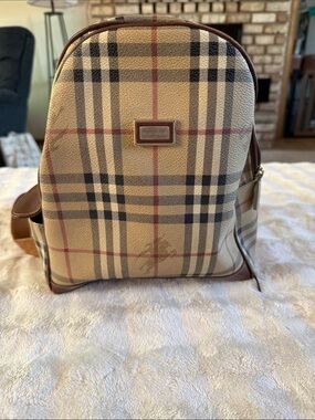 Burberry Beige Plaid Mini Backpack with Brown Leather Trim